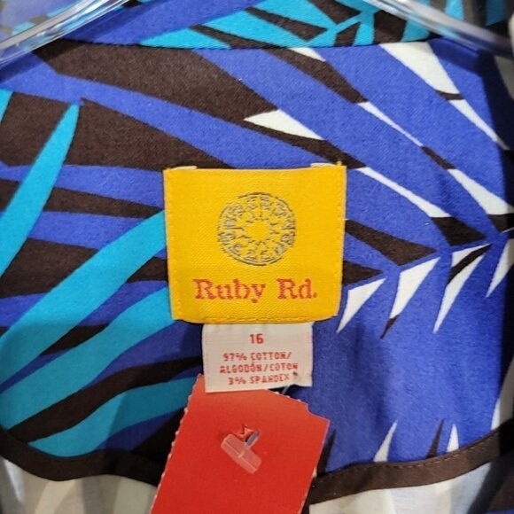 RUBY Rd Size 16 Indigo Blue Black Tropical Print Blazer. Lapel collar with zig z - Picture 5 of 6